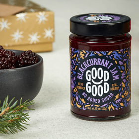 Good Good Blackcurrant Jam jar shows glossy texture ideal for keto friendly spreads