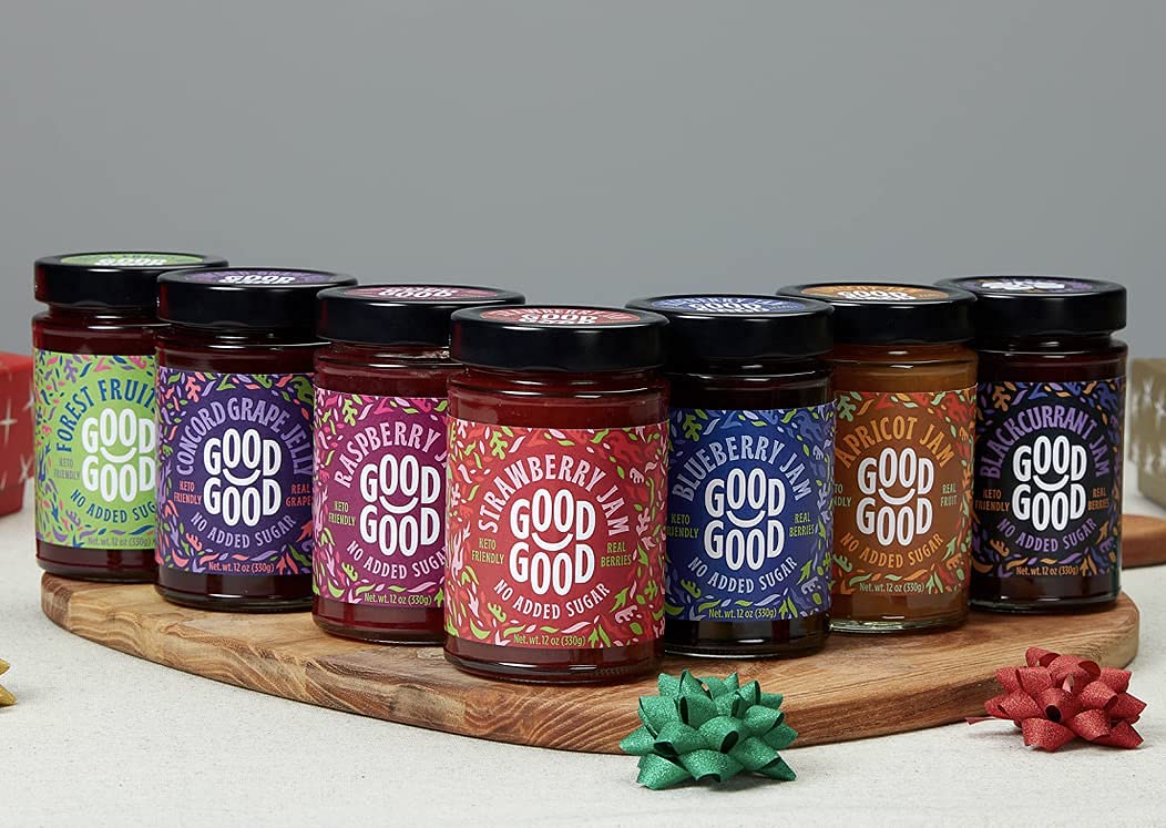 Good Good Blackcurrant Jam packaging presents easy pack 12oz jar for everyday use