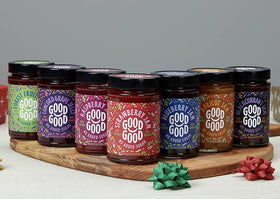 Good Good Blackcurrant Jam packaging presents easy pack 12oz jar for everyday use