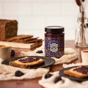Good Good Blackcurrant Jam spread on toast emphasizes low carbs with tart berry notes