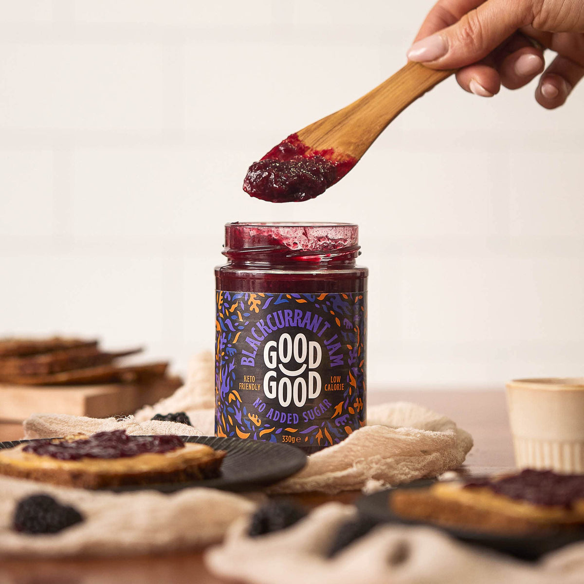 Good Good Blackcurrant Jam on yogurt showcases vegan gluten free and flavor forward breakfast