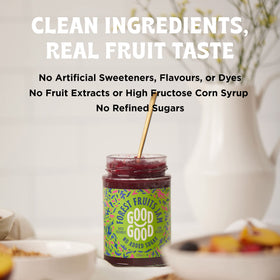 Good Good Forest Fruit Jam glass bottle on kitchen shelf showing clean ingredients