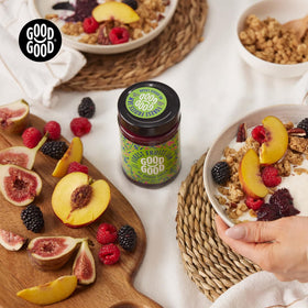 Close-up of Good Good Forest Fruit Jam ingredients emphasizing real fruit