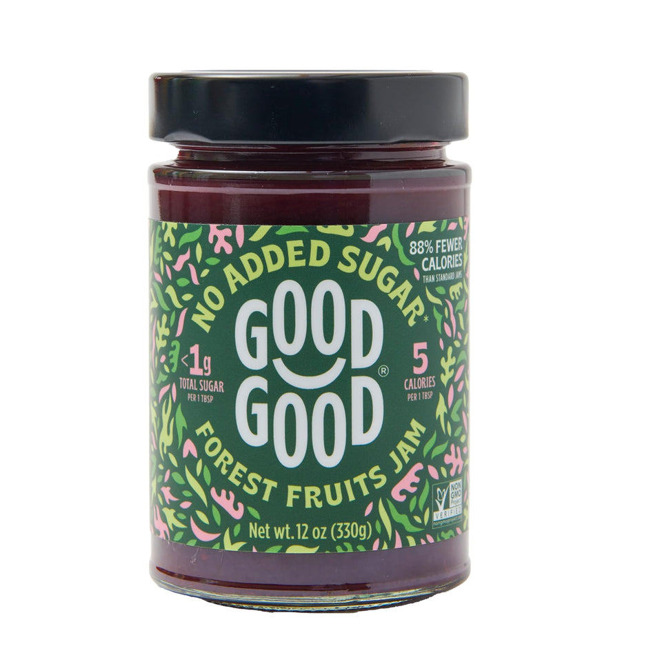 Good Good Forest Fruit Jam jar showing no added sugar label and vegan promise