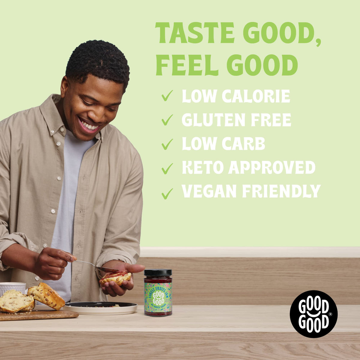 Good Good Forest Fruit Jam label close-up with vegan and gluten-free marks