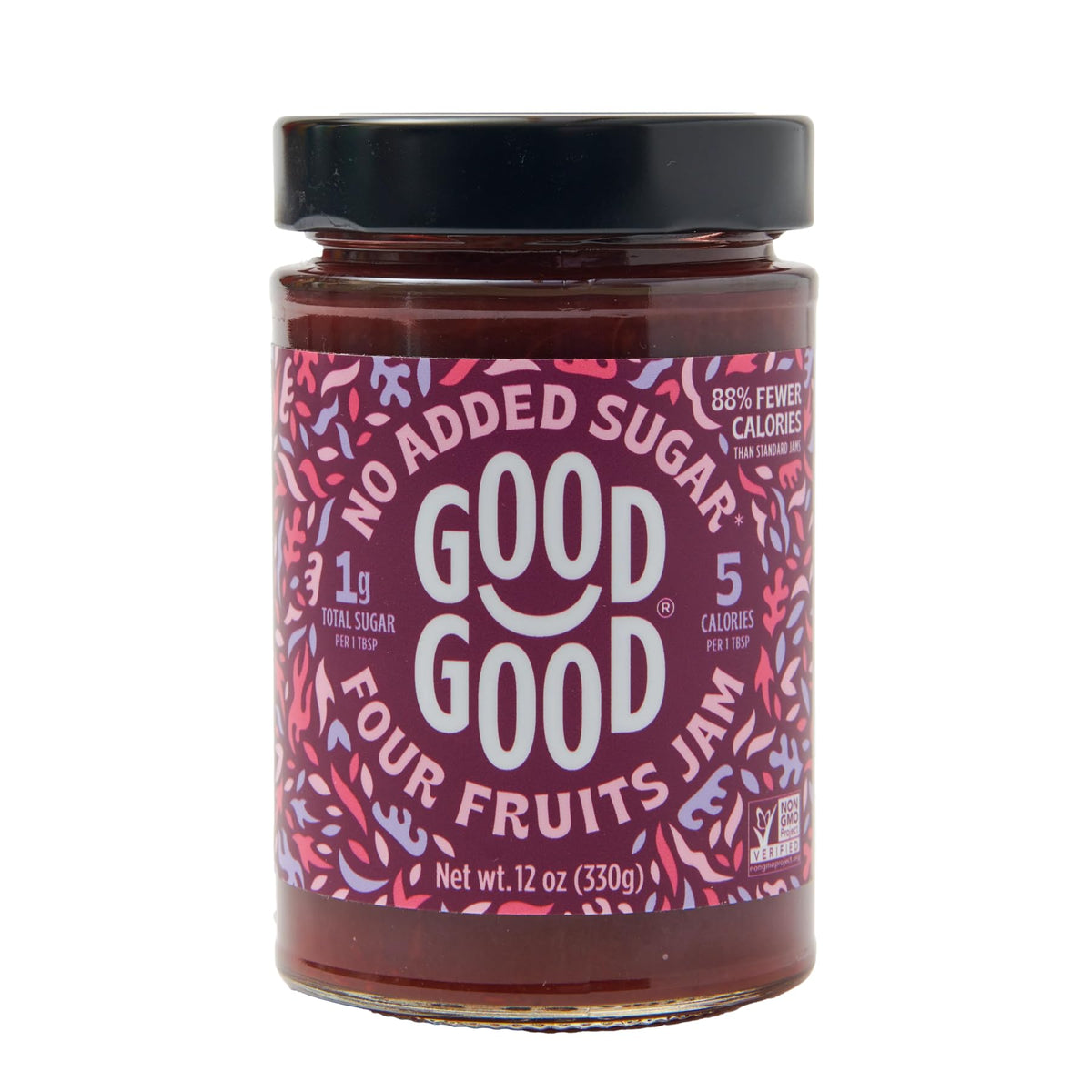 Good Good Four Fruits Jam jar front showcases vibrant berry flavors without added sugar