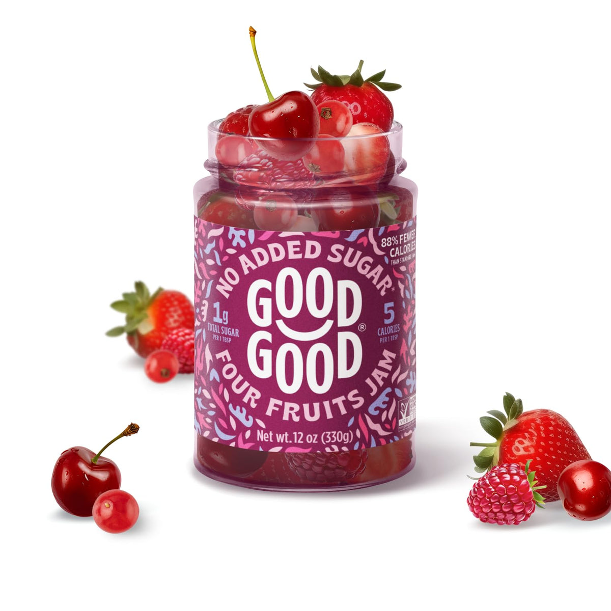 Good Good Four Fruits Jam packaging highlights gluten-free, vegan-friendly claim for dietary needs