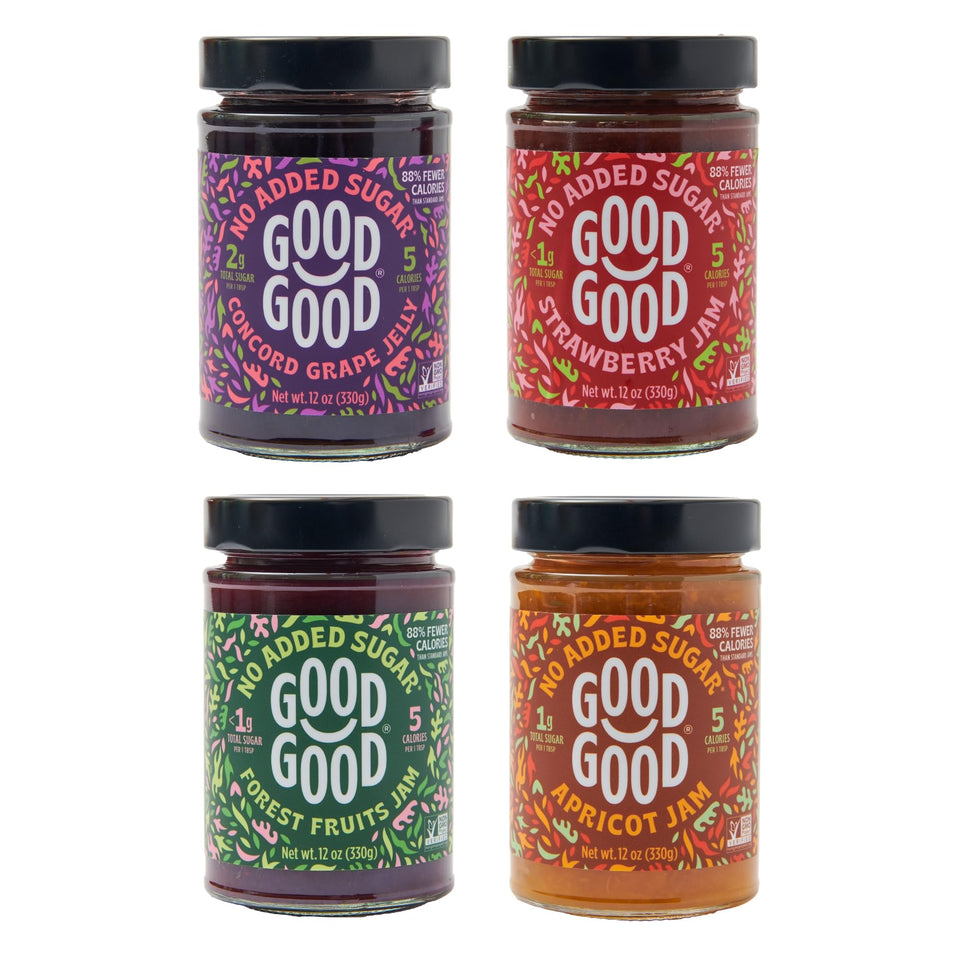 Good Good Healthy Jam Variety Pack assorted jars on counter, low-sugar fruit spread for keto diets.
