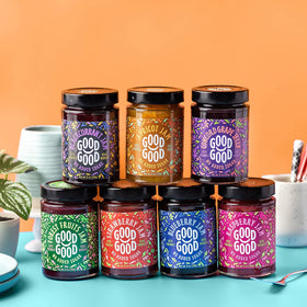 Good Good Healthy Jam Variety Pack Toast plate with jam spread, versatile breakfast option.