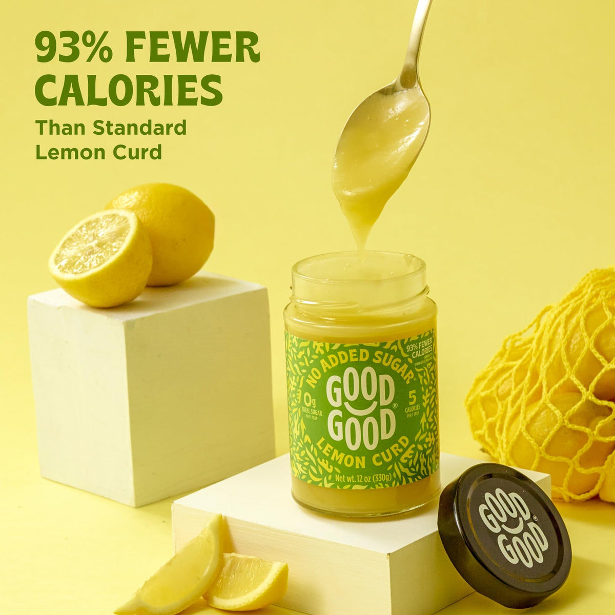 Good Good No Added Sugar Lemon Curd ingredients label close-up showing natural sweeteners.