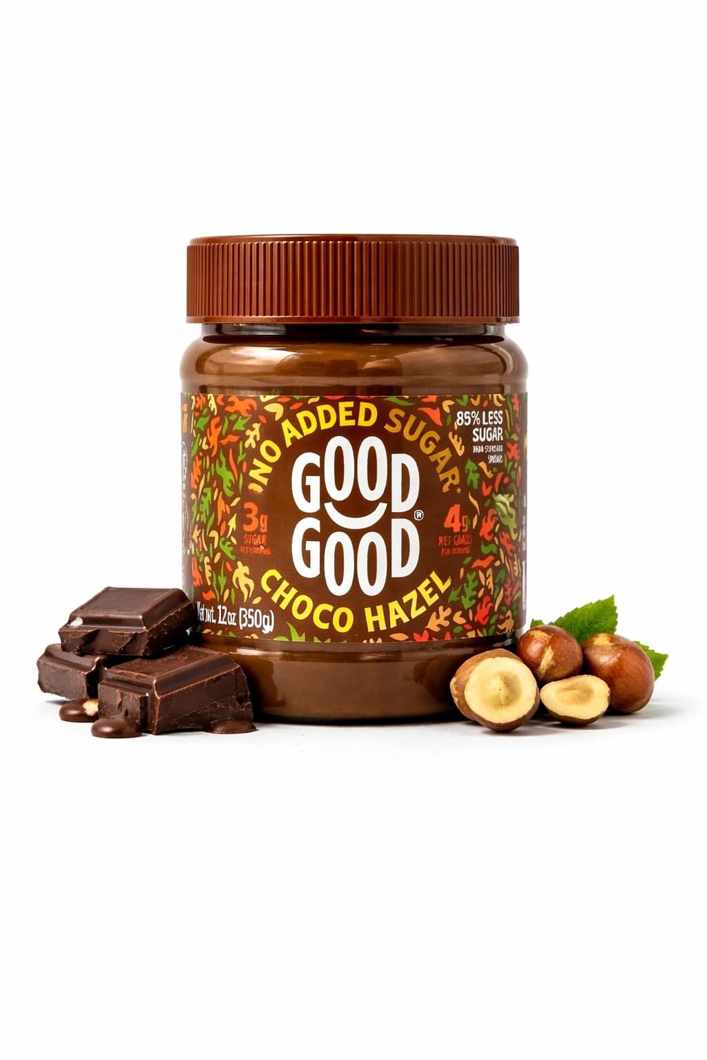 Good Good No Added Sugar Belgian Choco Hazel Spread jar on white background, rich cocoa aroma.