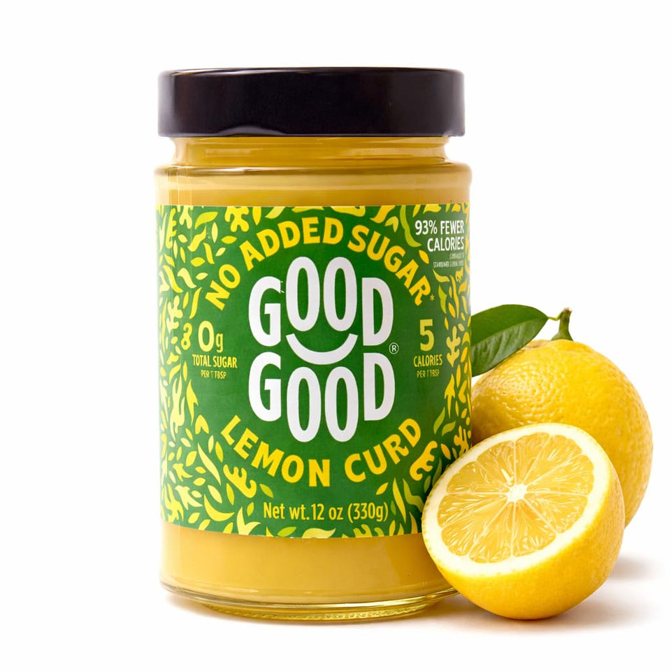 Good Good No Added Sugar Lemon Curd jar front, keto-friendly and citrusy.