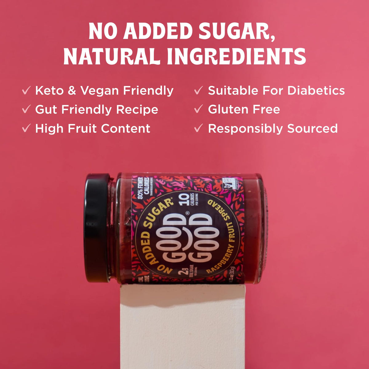 Good Good Raspberry Spread bottle pour for easy breakfast spreads.