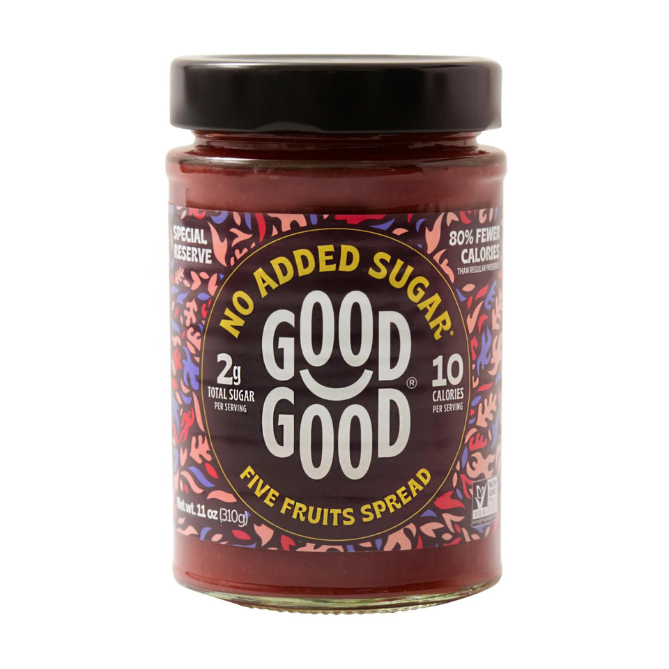 GOOD GOOD Special Reserve Five Fruits spread bottle shows layered color and no added sugar for toast.