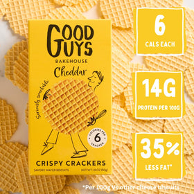 Good Guys Bakehouse Cheddar Crackers nutrition panel highlights low fat and low calories per cracker