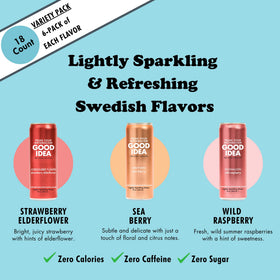 Good Idea Sparkling Water Strawberry Elderflower can, pairs well with meals for light refreshment.
