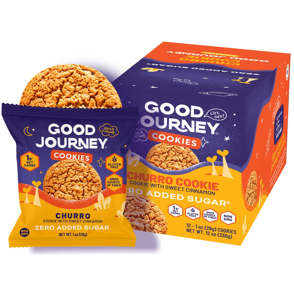 Good Journey Soft Churro Cookies pack shot showing servings and inviting color for sharing.