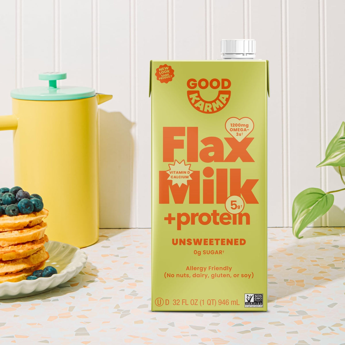 Good Karma Nut-free Dairy-free Flaxmilk suited for allergy-friendly diets.