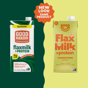 Good Karma Shelf-stable Flaxmilk Pack6 on pantry shelf.