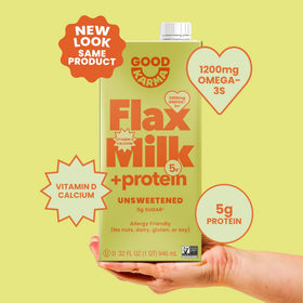 Good Karma Unsweetened Flaxmilk Pack6 ingredients label highlights plant-based option.