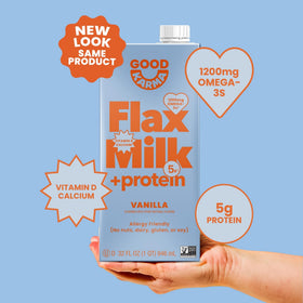 Good Karma Vanilla Flaxmilk +Protein bottle with vanilla label, perfect for cereals.