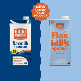 Good Karma Vanilla Flaxmilk +Protein glass being poured, a creamy dairy-free beverage option.