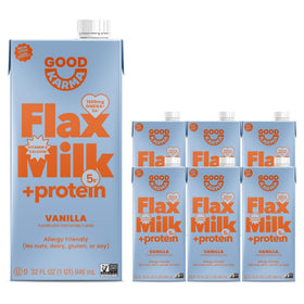 Good Karma Vanilla Flaxmilk +Protein pack on shelf, ideal for pantry-friendly smoothies.