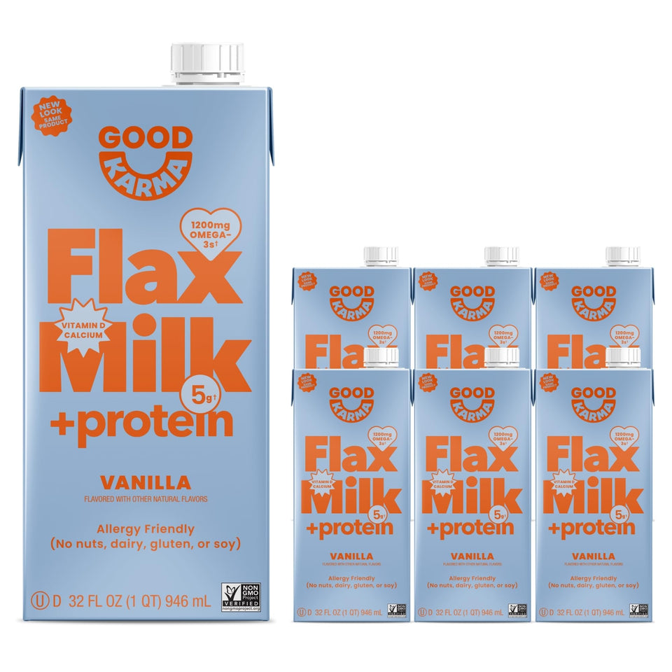 Good Karma Vanilla Flaxmilk +Protein pack on shelf, ideal for pantry-friendly smoothies.