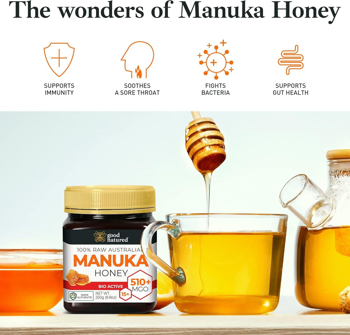 Good Natured AMHA certified Manuka Honey signals purity and non-GMO quality