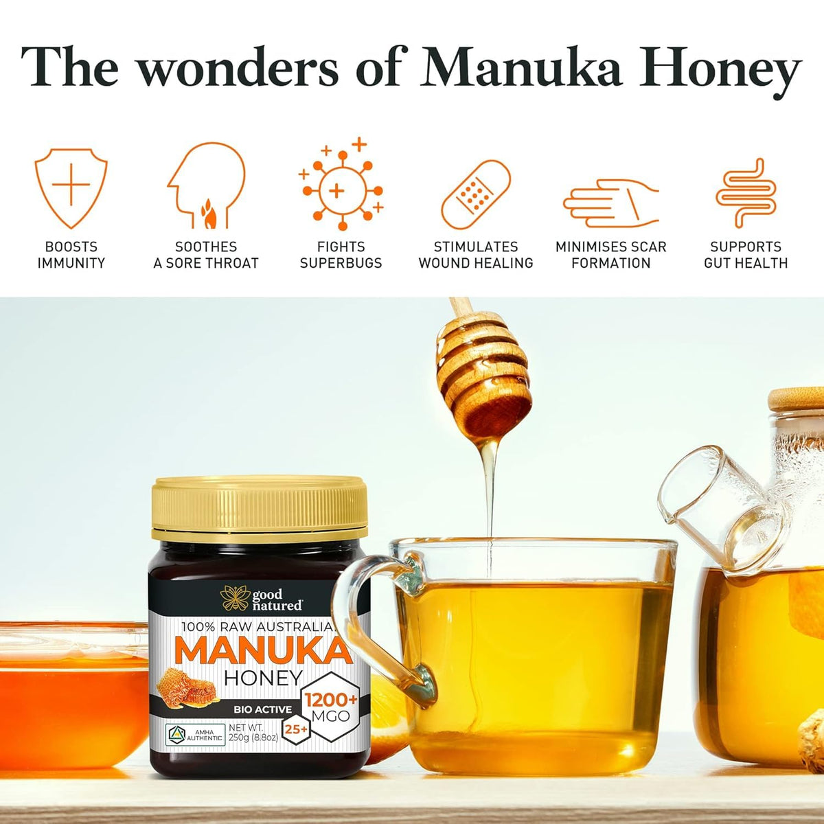 Good Natured Manuka Honey golden flow illustrating smooth pour