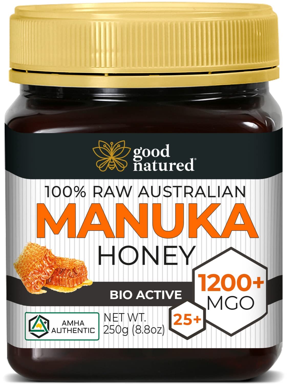 Good Natured Manuka Honey jar closeup showing rich amber color and thick texture