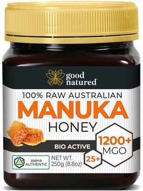 Good Natured Manuka Honey jar closeup showing rich amber color and thick texture