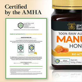 Good Natured lab-verified Manuka honey badge on label