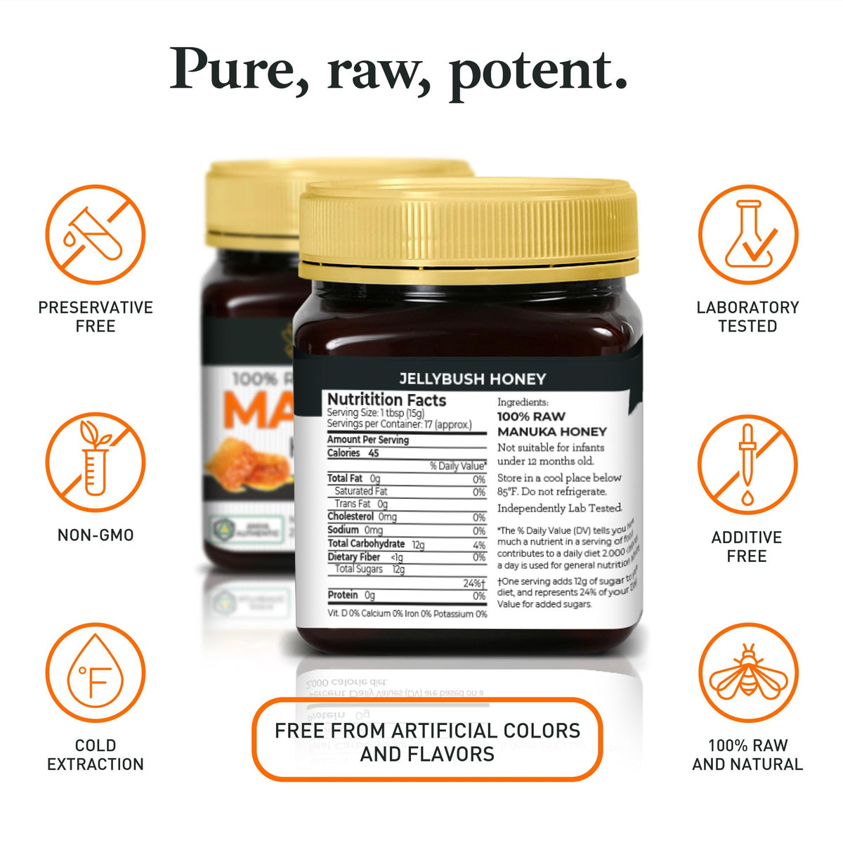 Good Natured Manuka Honey label detail highlighting MGO rating