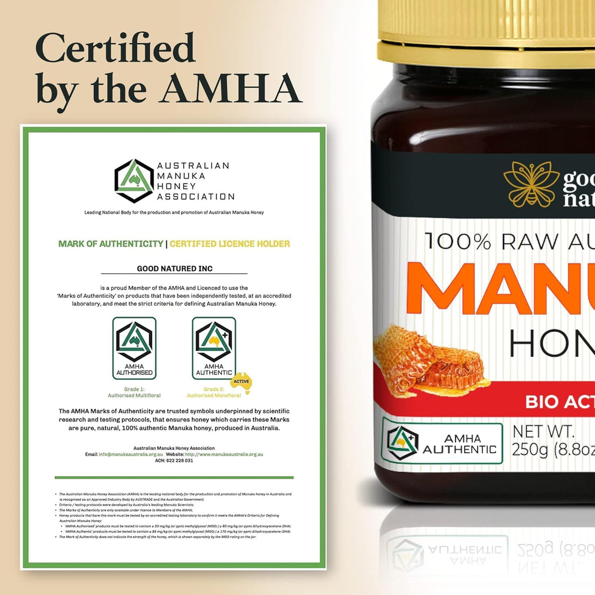 Good Natured 510+ honey label emphasizes cold extraction and bee welfare
