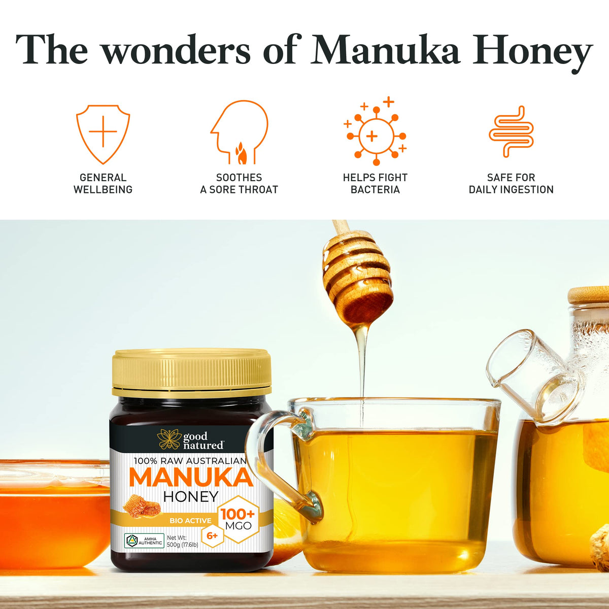 Good Natured Manuka honey label shows NPA 6+ indicators