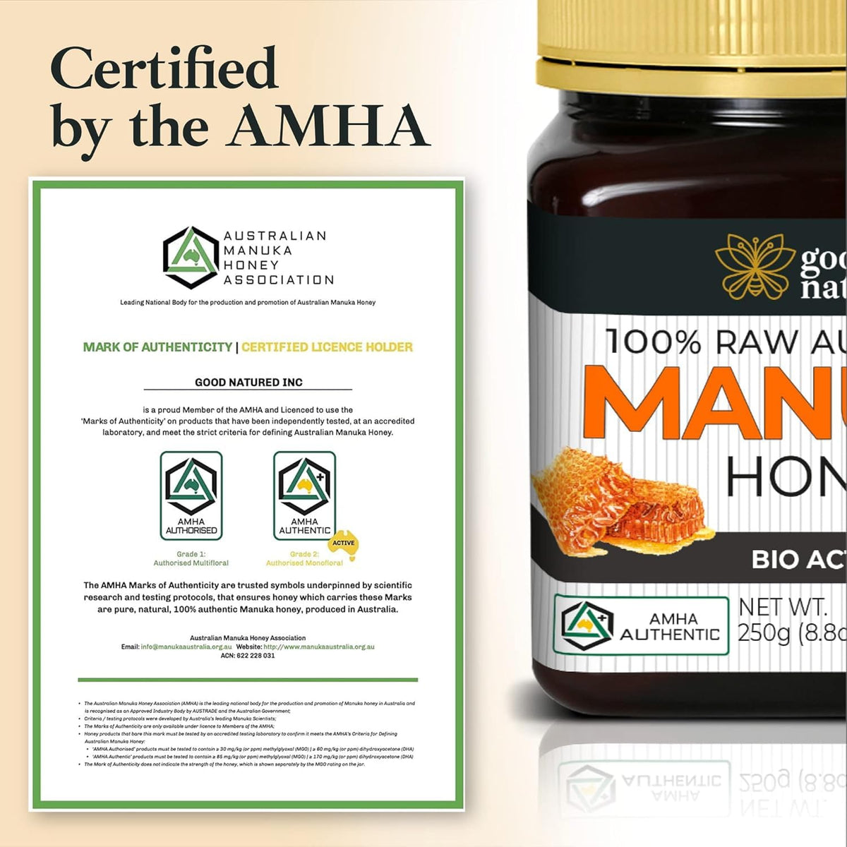 Good Natured Manuka Honey packaging highlighting non-GMO and BPA-free