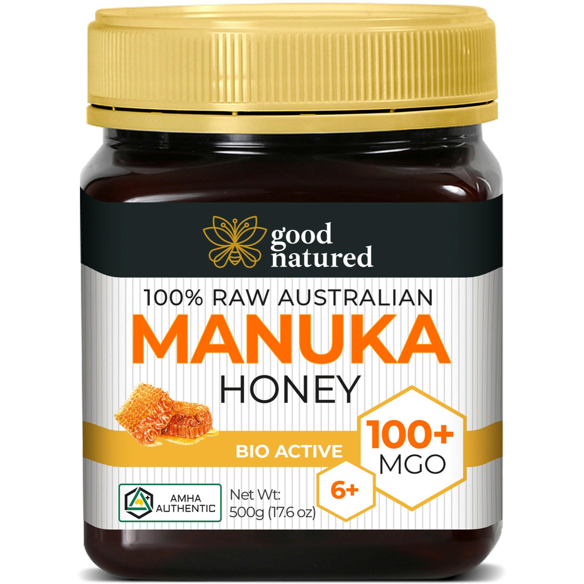 Good Natured raw Manuka honey bottle showing MGO 100+ label and amber color
