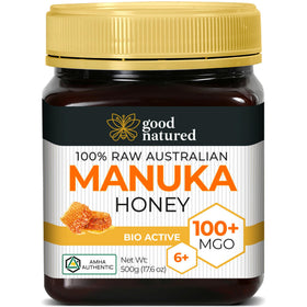 Good Natured raw Manuka honey bottle showing MGO 100+ label and amber color