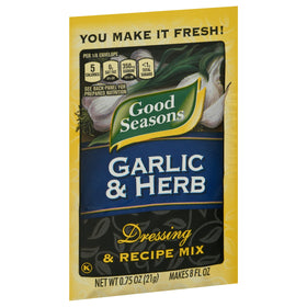 Good Seasons dressing mix in bowl with oil and vinegar for a restaurant-style finish.