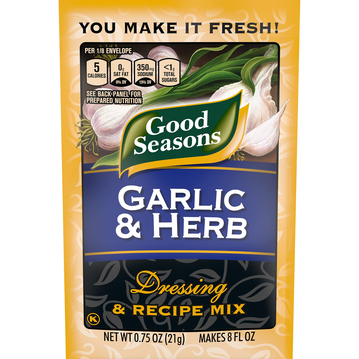 Good Seasons dressing packet closeup highlighting garlic, herbs, and mustard.