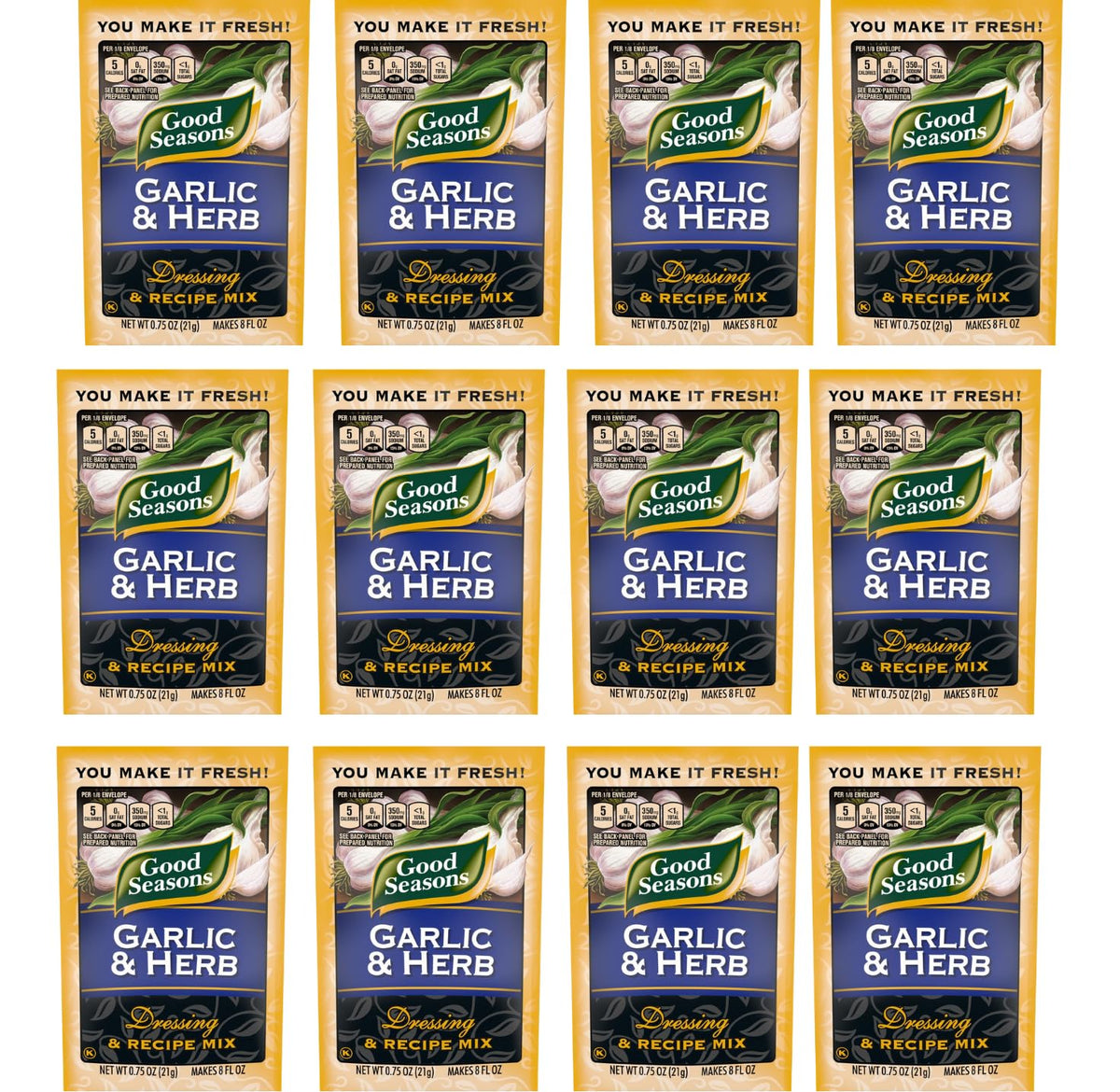Good Seasons Garlic & Herb Dressing packet front for quick, flavorful salads.