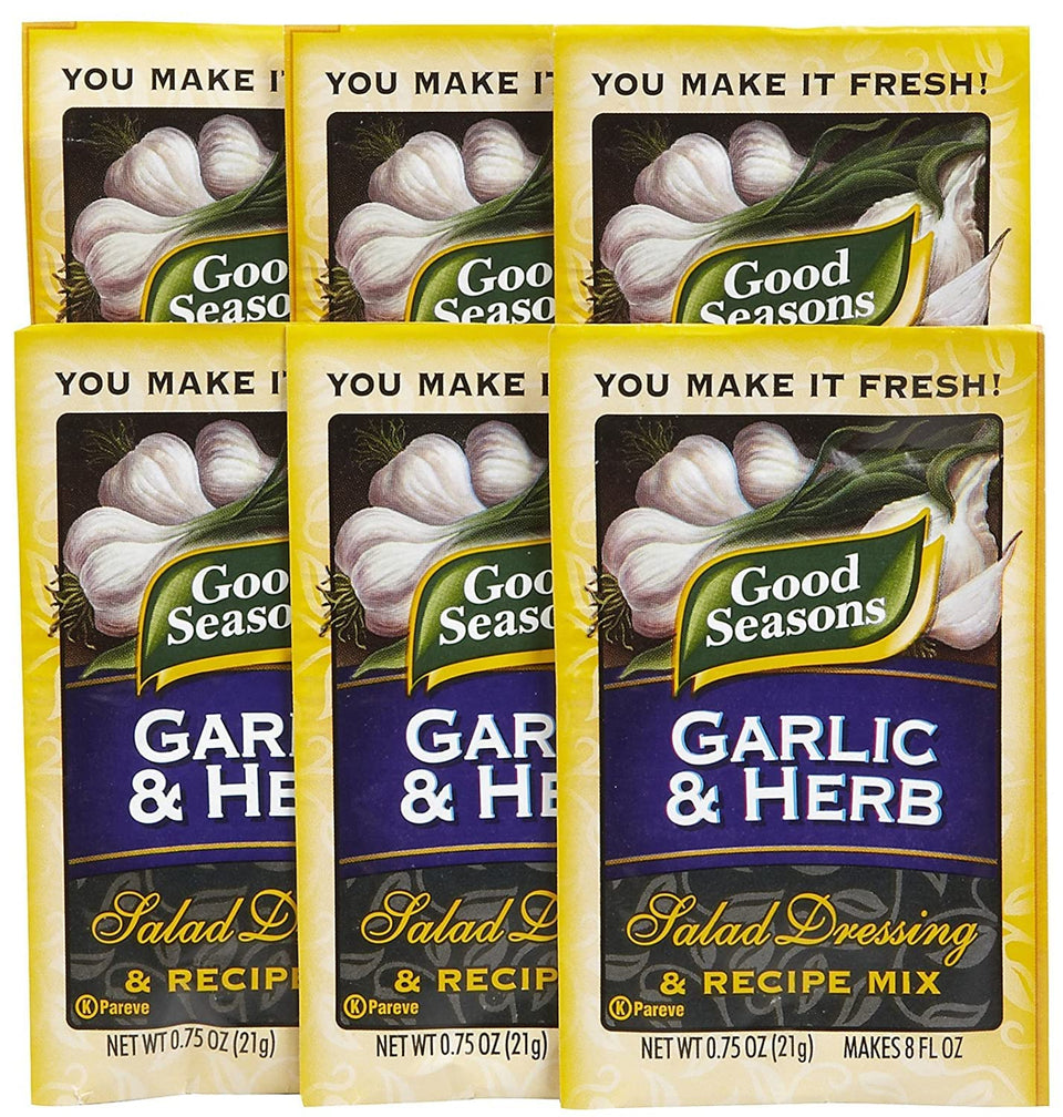 Good Seasons garlic herb dressing packet ready to mix for vibrant salads.