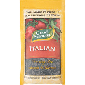 Good Seasons Italian Dressing Mix bottle pour — fast, versatile salad flavor enhancer.