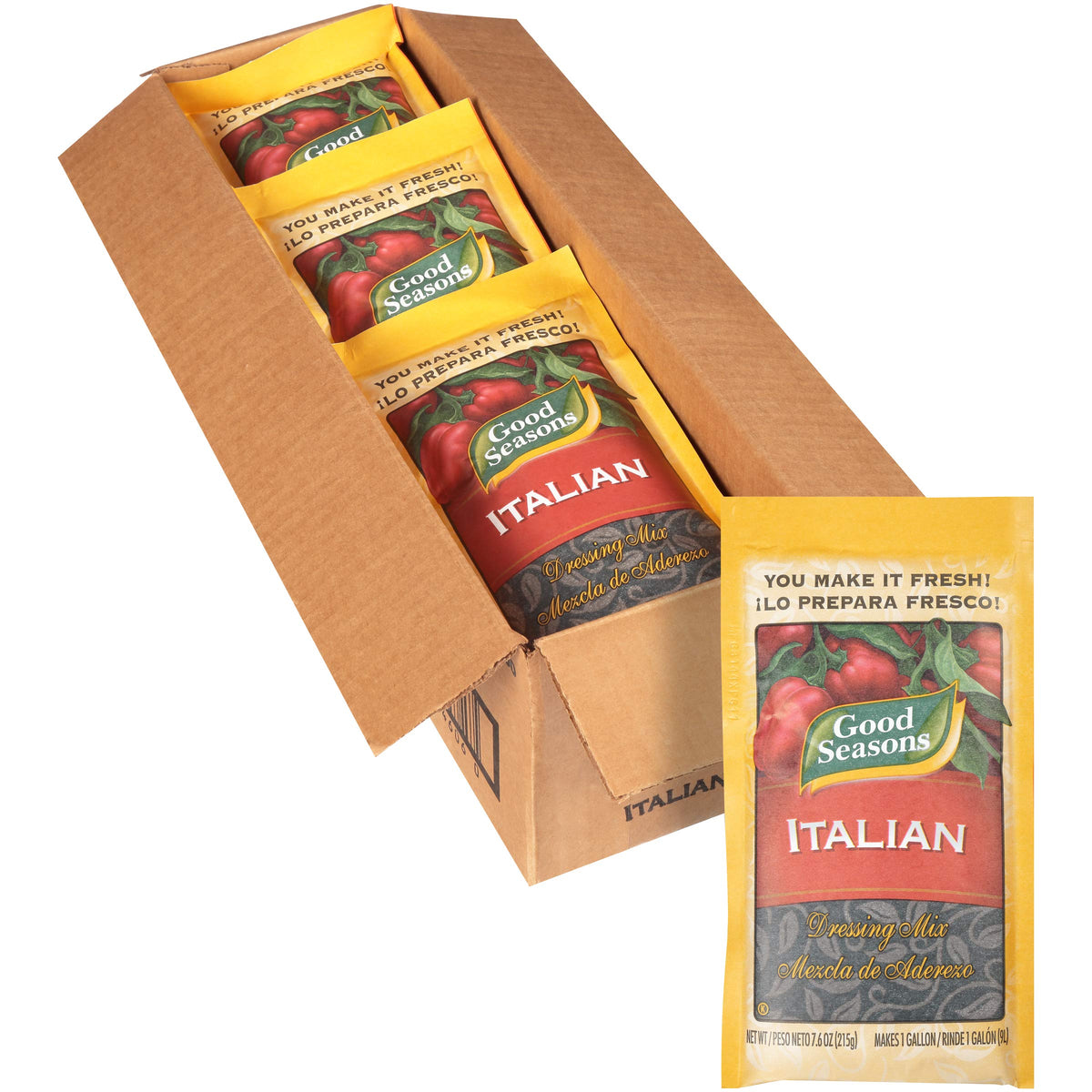 Good Seasons Italian Dressing Mix pouch pack—convenient 7.6 oz makes a gallon.