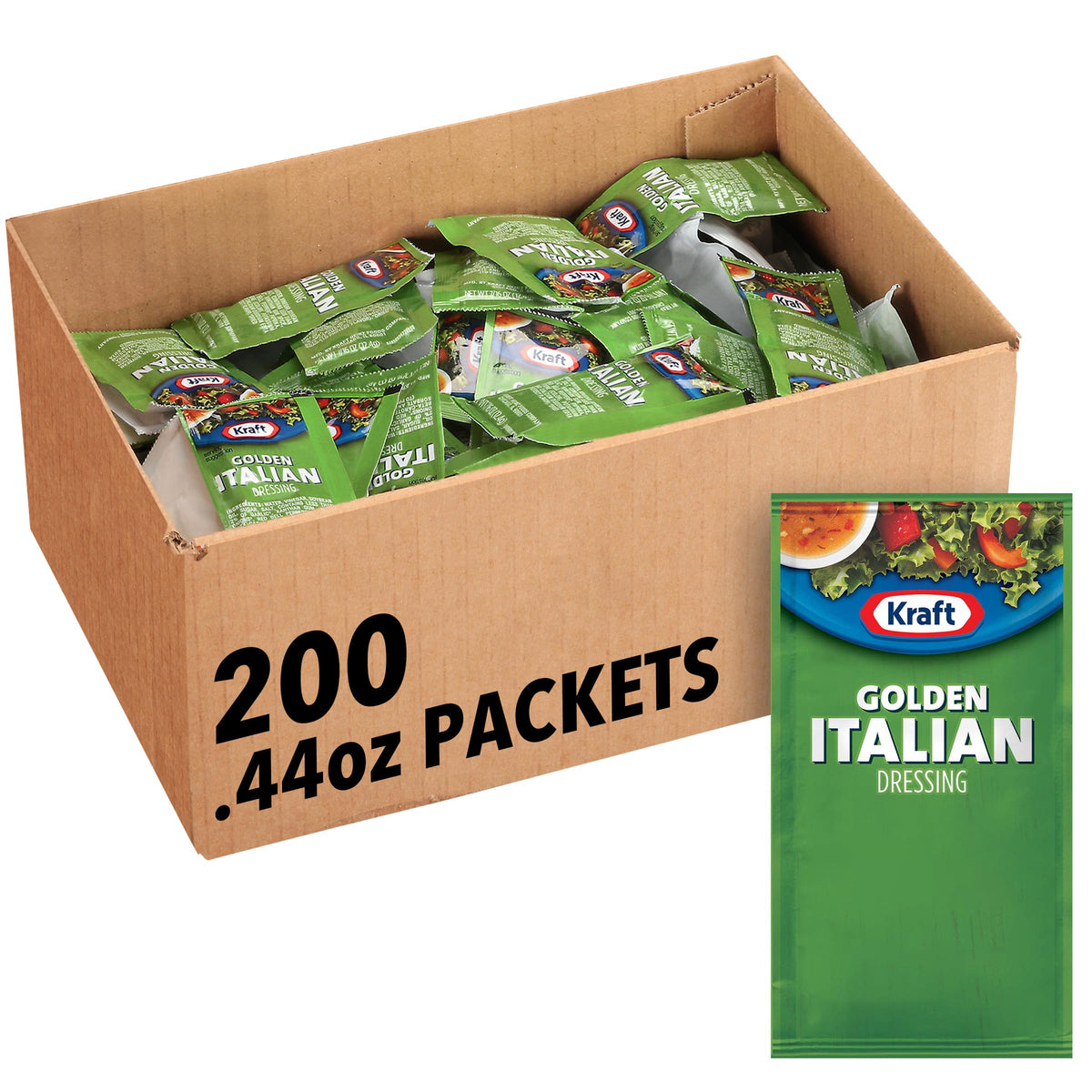 Good Seasons Kraft Golden Italian dressing packet 200-pack for quick salad flavor.