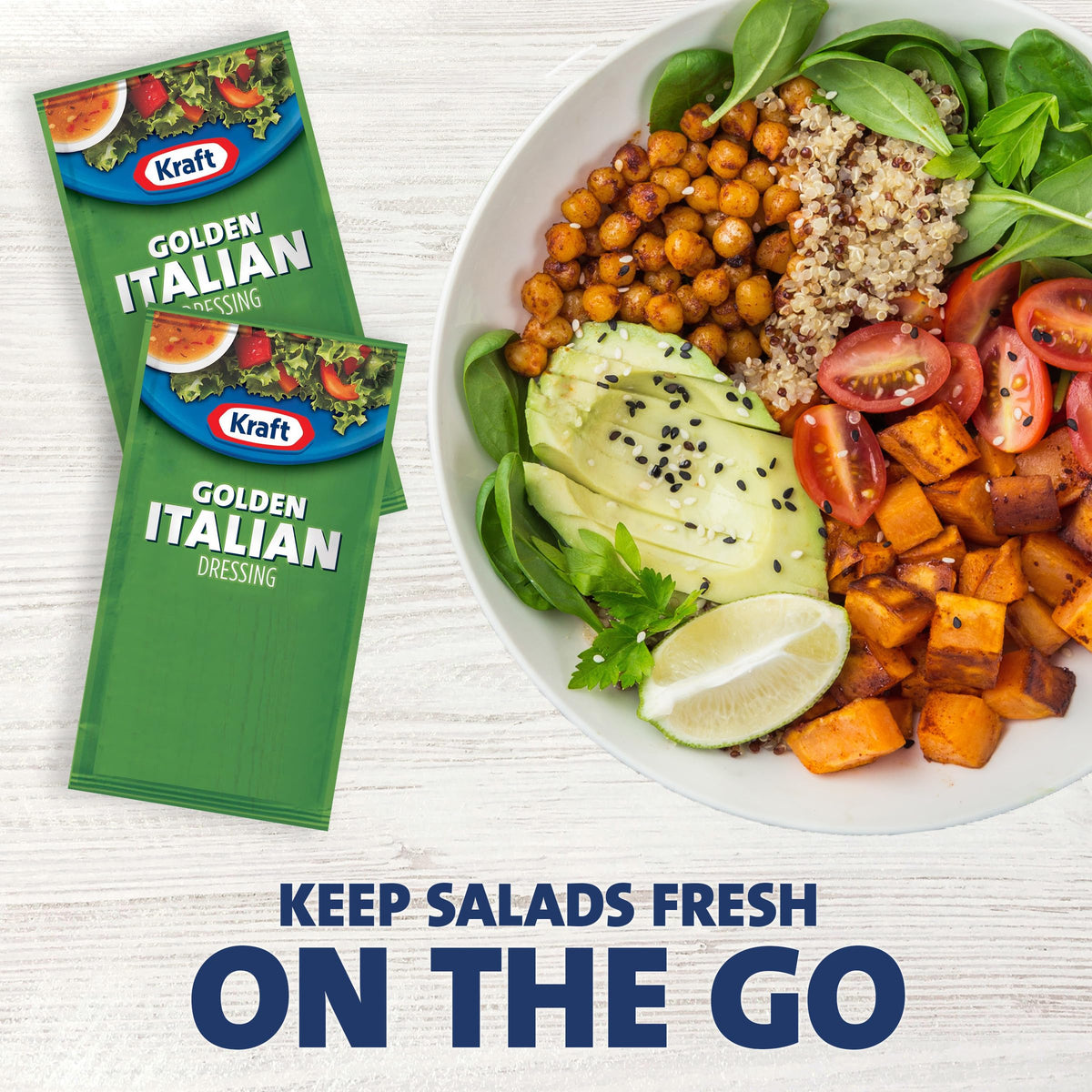 Good Seasons Kraft Golden Italian dressing on a green salad adds tangy flavor.