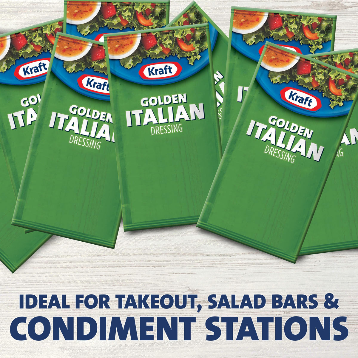 Pour closeup of Kraft Golden Italian dressing packet shows thick, smooth texture.