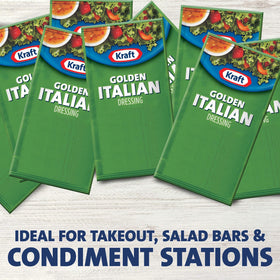 Pour closeup of Kraft Golden Italian dressing packet shows thick, smooth texture.