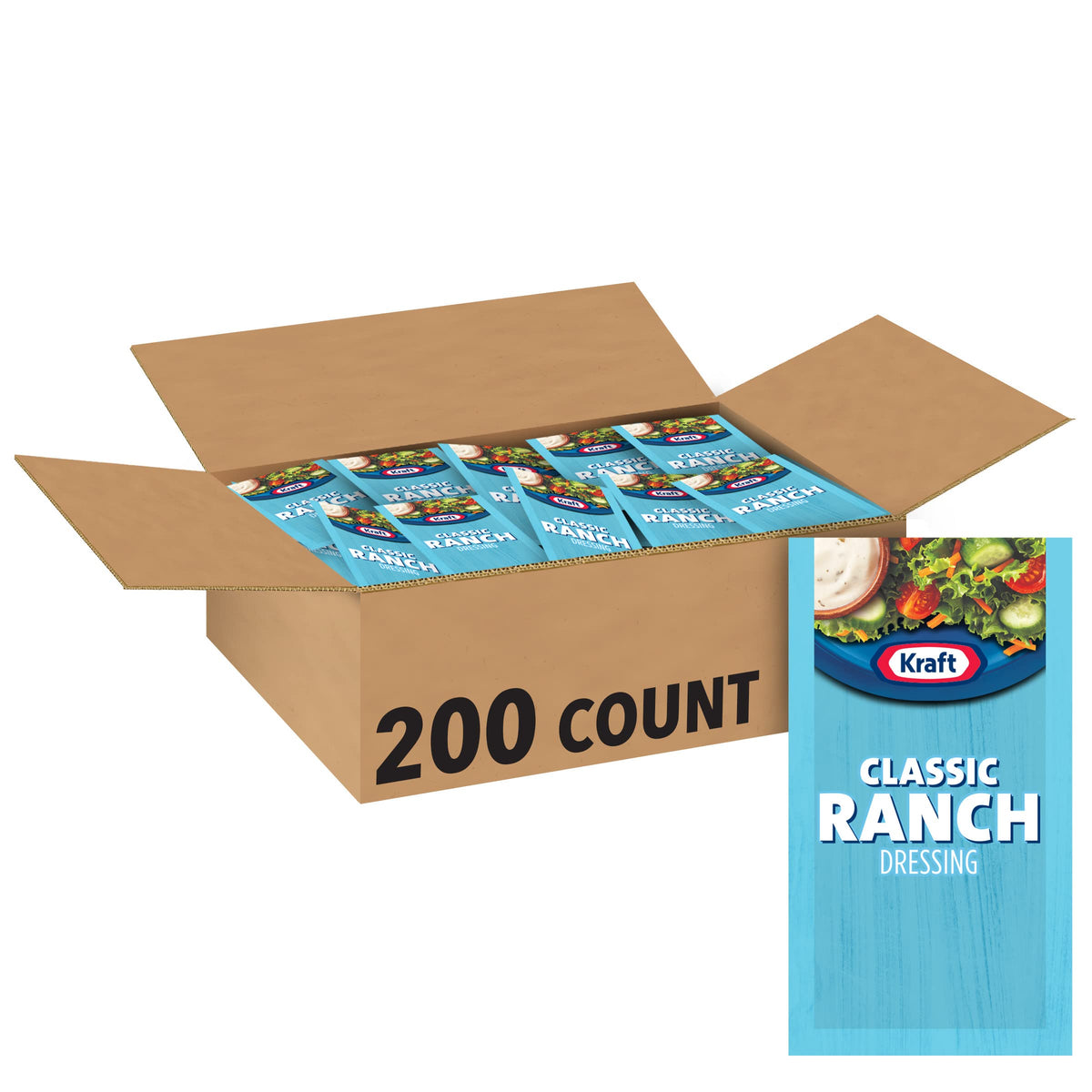 Good Seasons Kraft Ranch dressing packets neatly arranged for a case, ideal for catering.